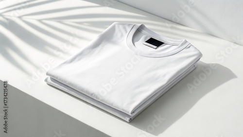 An elegantly folded plain white t-shirt with a clear label, presented on a bright surface under subtle light and shadow, ideal for modern product display