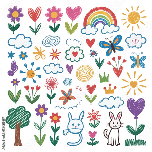 Charming collection of whimsical hand-drawn elements for kids and celebrations