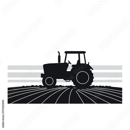 Tractor working in an agricultural field silhouette illustration.