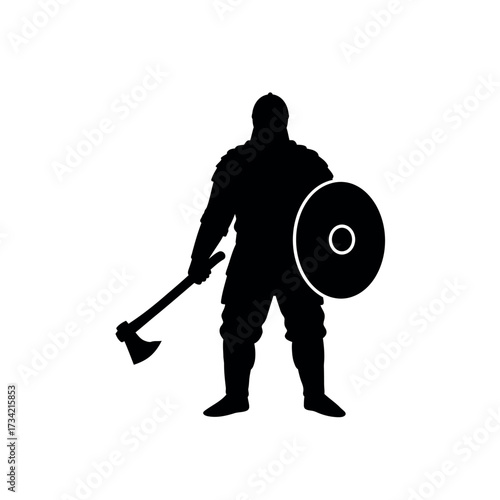 Warrior silhouette with axe and shield ready for battle stance.