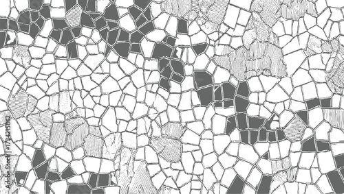 monochrome abstract pattern of irregular polygonal shapes filled with solid dark gray and white, some with hatching.
