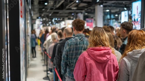 Crowded queue of diverse people waiting in line at a modern retail store with bright lighting