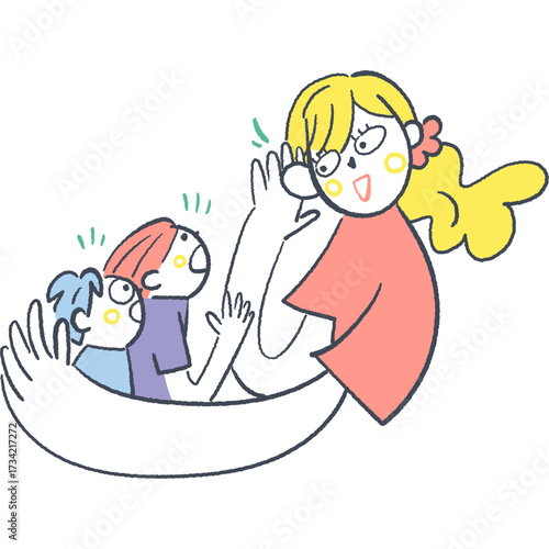 子どもたちを抱きその声を聴く笑顔の女性　または相談員	
