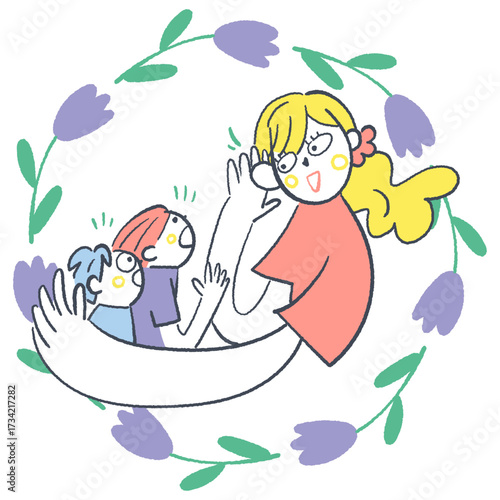 子どもたちを抱きその声を聴く笑顔の女性　または相談員	
