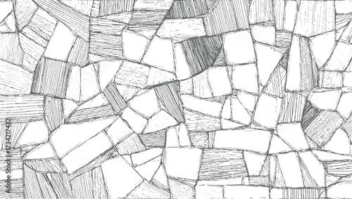 monochrome sketch of irregular stone shapes with varied hatching and line details forming a textured pattern.