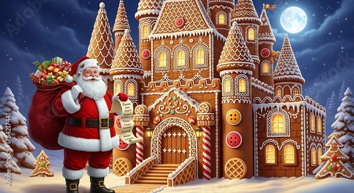 Santa claus with gifts and a gingerbread house castle under a full moon night