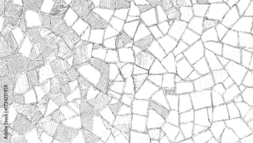 Monochrome sketch of irregular geometric shapes with varied hatching and line details.