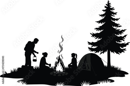 Camping silhouette illustration, family around campfire, forest tent setup, outdoor leisure, black and white vector, nature bonding, wilderness adventure scene