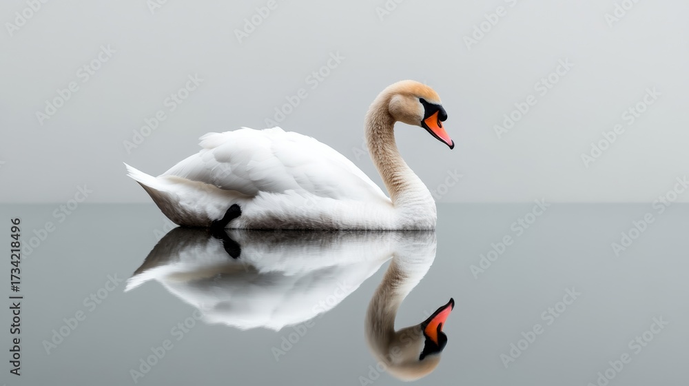 Fototapeta premium Snowy white swan gliding across frozen lake, reflection clear on icy surface, peaceful winter wildlife scene