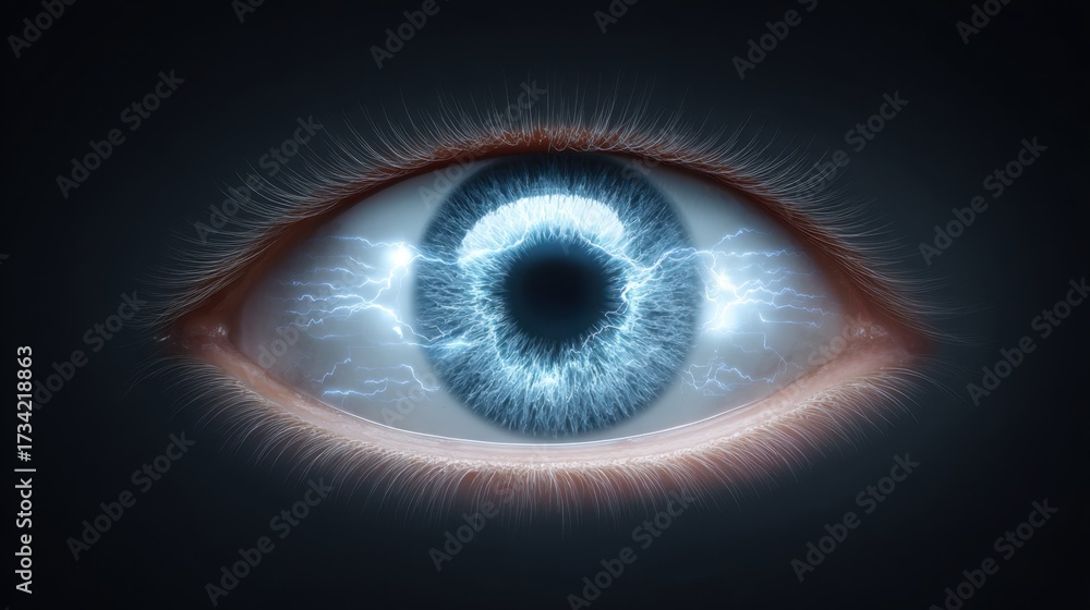Fototapeta premium Close-up of an Eye with Electric Energy and Vibrant Blue Iris in a Dark Background