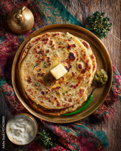 Traditional Brass Thali Styled with Indian Aloo Paratha