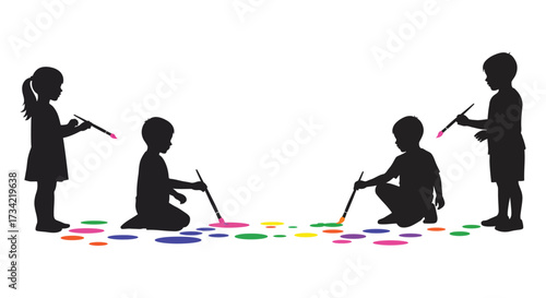 Children joyfully painting with bright colors on a white background silhouette