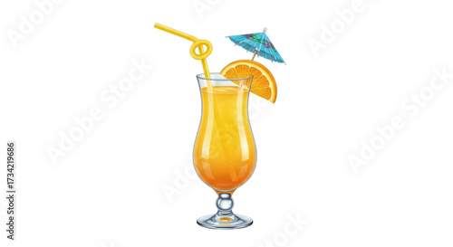 Isolated tropical cocktail illustration with orange garnish and parasol decoration