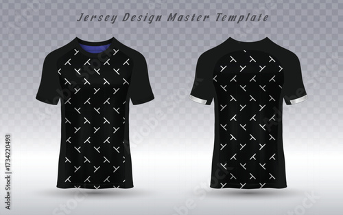 Sports jersey with black and white geometric pattern, shown in front and back views. Raglan-style design ideal for e-sports uniforms, athletic apparel, and stylish sublimation printing projects.