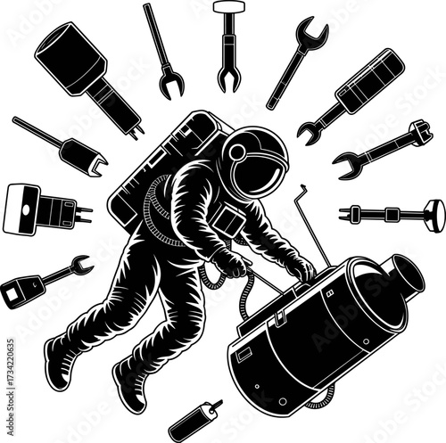 Astronaut in Zero Gravity Performing Repairs on a Space Station Module Surrounded by Various Tools and Equipment for Outer Space Exploration and Maintenance Tasks