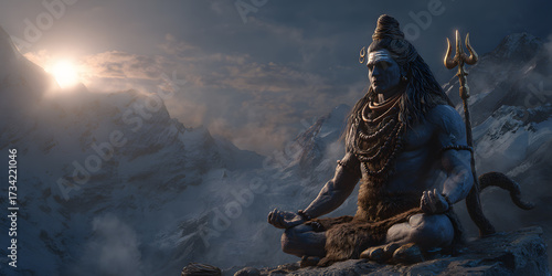 Hyper realistic Lord Shiva meditating in the Himalayan mountains.