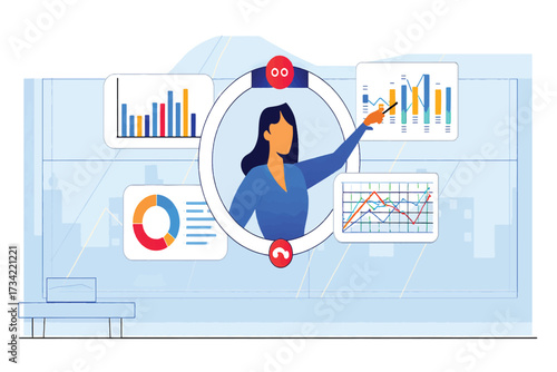 Business professional presenting data analysis charts in a virtual meeting