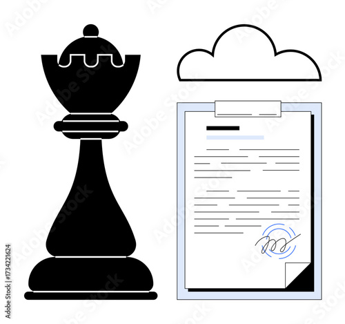 Chess king beside digitally signed document and cloud symbol. Ideal for strategy, leadership, planning, innovation, teamwork, business agreement, and digital transformation themes. Simple flat