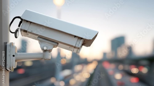 Surveillance camera mounted on a pole overlooking a bustling city street at sunset