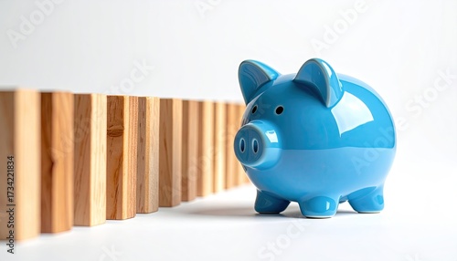 Close up of Blue Piggy Bank Beside Wooden Blocks in a Row Isolated on White Background