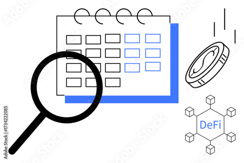 Magnifying glass over a calendar, coin, and DeFi network icon exploring crypto finance timelines. Ideal for blockchain, finance, planning, cryptocurrency, analysis, DeFi concept simple flat metaphor