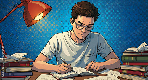 A young man with glasses and a white shirt is intensely focused on writing in an open notebook at a desk, illuminated by a red desk lamp in a comic book art style