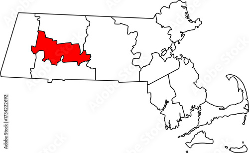 Detailed vector map of Massachusetts highlighting Hampshire County, a major cultural and educational center in the Pioneer Valley region.

