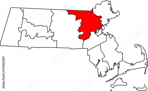 Detailed vector map of Massachusetts highlighting Middlesex County, the most populous and economically vital region in the Greater Boston area.

