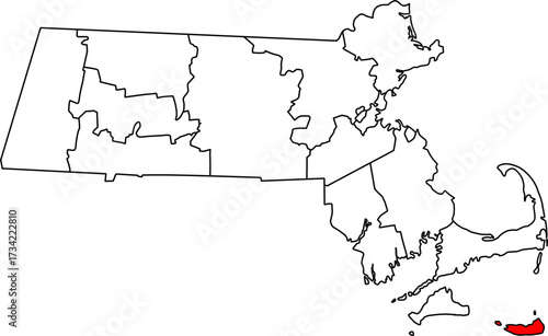 Detailed vector map of Massachusetts highlighting Nantucket County, the famous isolated island and affluent resort area off Cape Cod.

