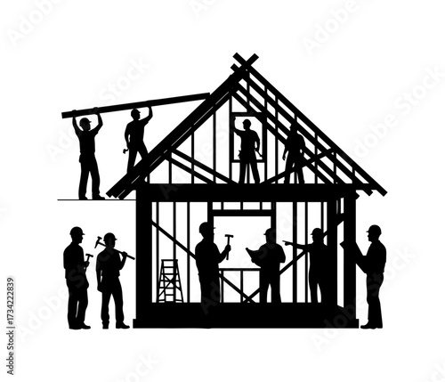 Silhouette of construction workers building a house frame. activity of people.