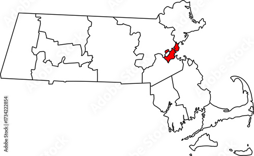 Detailed vector map of Massachusetts highlighting Suffolk County, the administrative region containing the capital and major city of Boston.

