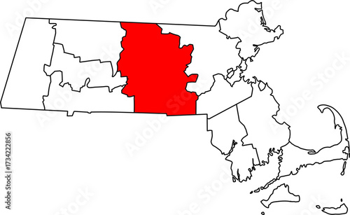 Detailed vector map of Massachusetts highlighting Worcester County, the largest geographical region and central economic hub of the state.

