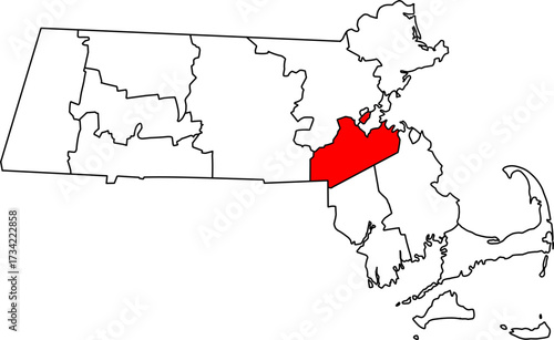 Detailed vector map of Massachusetts highlighting Norfolk County, a populous and affluent suburban region directly south of Boston.

