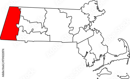 Detailed vector map of Massachusetts highlighting Berkshire County, the westernmost region known for its mountains, culture, and tourism.

