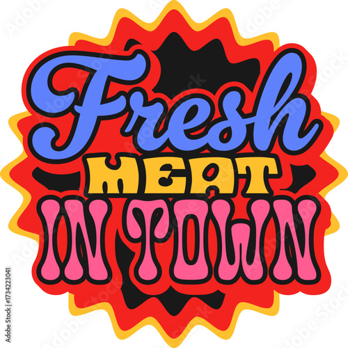 Barbeque meat, grill menu retro Y2K sticker or symbol. Beef gourmet retro Y2K vector sticker, steakhouse beefsteak BBQ tag. Steak barbeque patch with fresh meat in town quote handwritten typography
