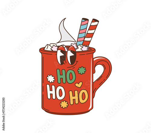 Retro cartoon groovy Christmas mug character. Red cup decorated with ho ho ho text, flowers and hearts, filled with hot chocolate, whipped cream, marshmallows and striped candy canes enjoying holiday