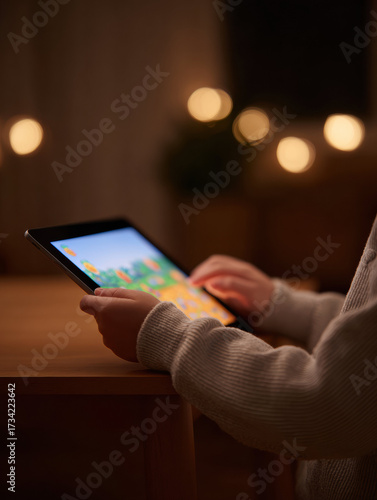 Engaged child holding tablet at night, small hand using screen for learning. Indoor fun with modern technology in cozy room with warm light, focused on device