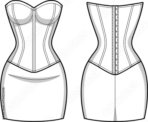CAD drawing flat vector illustration of elegant strapless corset bodycon dress technical fashion design template with feminine shaping seams