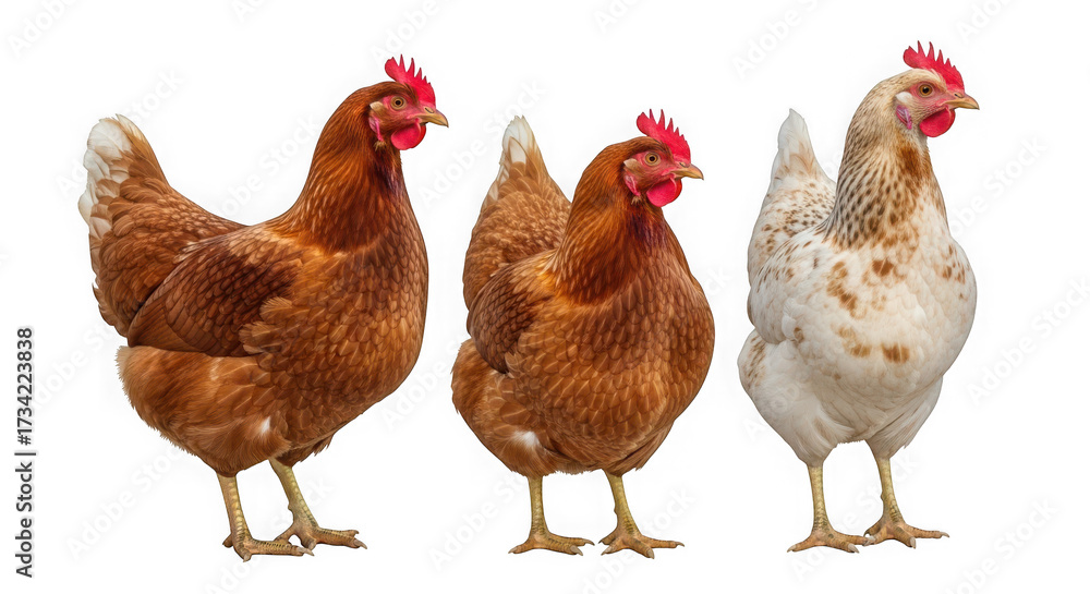 Fototapeta premium Three chickens standing together, two brown and one white with brown spots, isolated on transparent background