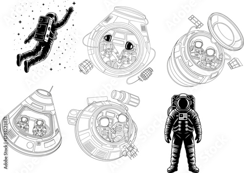 Collection of Retro Space Exploration Images Including Astronauts Rockets and Spacecraft Featuring Vintage Illustrations of Celestial Journeys and Cosmic Adventures