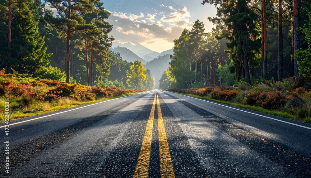 Obraz premium Straight forest road with yellow center lines leading to misty mountains under sunlit clouds—symbolizing journey, solitude, and the natural choreography of direction, depth, and discovery.