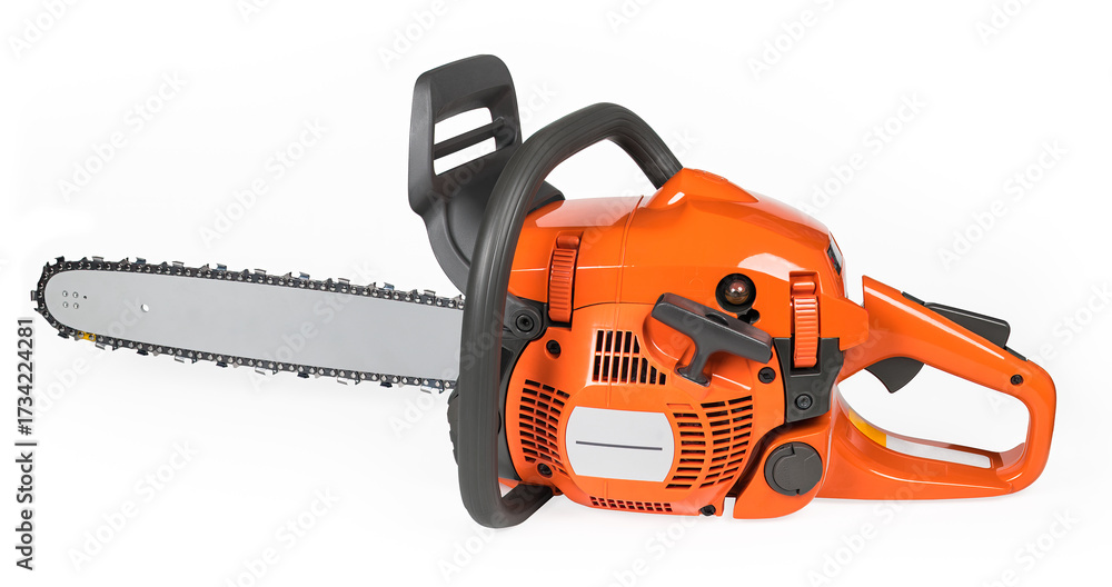 Fototapeta premium Orange hand-held gasoline chain saw isolated on a white background. Portable chainsaw with steel teeth on gray guide bar and plastic cover and handles. Woodworking power tool with sharp cutting blade.