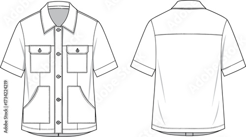 CAD drawing flat vector illustration of short sleeve button front utility shirt with chest pockets and patch pockets technical fashion design