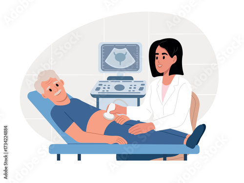 Elderly man in an ultrasound room is talking to a doctor. Ultrasound of the prostate gland. Vector illustration in flat style.