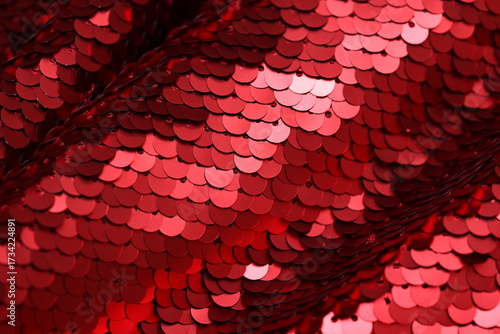 Close-up of matte finish spangle fabric in metallic red tones, showcasing layered sequins with subtle shine and textured surface, ideal for fashion and textile design.