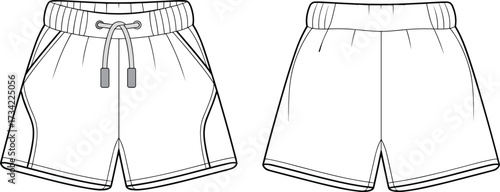 Minimalist CAD drawing flat vector illustration of athletic shorts with drawstring waistband and technical sewing pattern design for sports fashion template