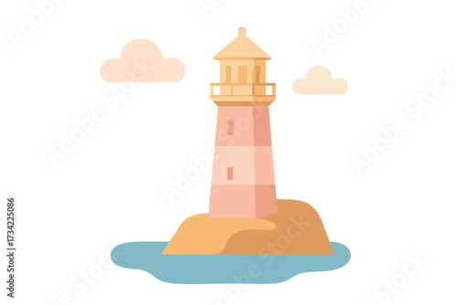 Picturesque coastal lighthouse on a small island surrounded by tranquil blue sea and soft pastel clouds