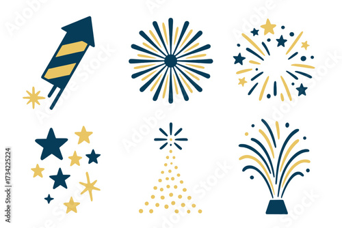 Collection of abstract firework explosions and sparkling star elements for festive designs and joyful occasions
