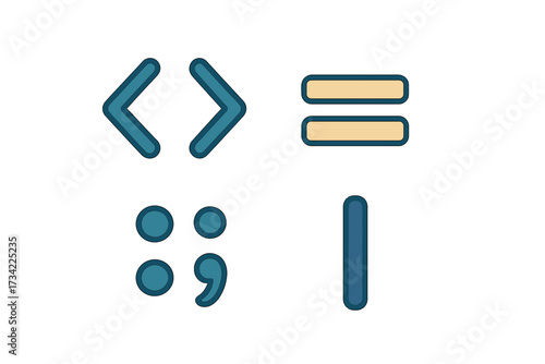 Programming and coding symbols set with less than, greater than, equals, colon, semicolon, and vertical bar