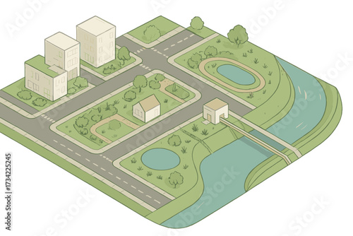 Isometric view of a modern residential community featuring apartment buildings, houses, roads, green parks, and a winding river with a bridge